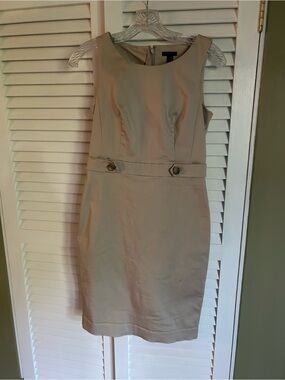 Ann Taylor Beige Sheath Dress with Waist Button Detail